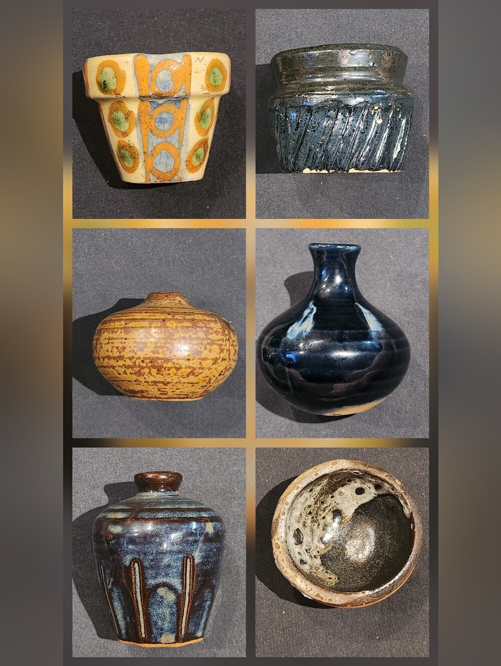 Set of Six Decorative Ceramic Vases and Pots in Blue, Yellow, Brown